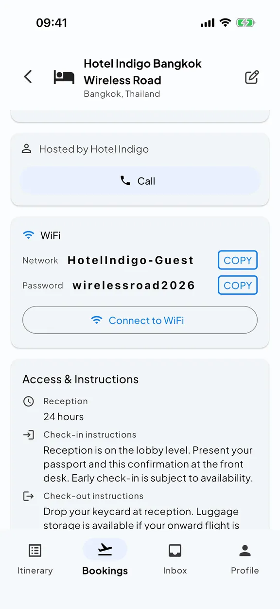WiFi credentials and check-in instructions for a stay, surfaced in Skaoot.