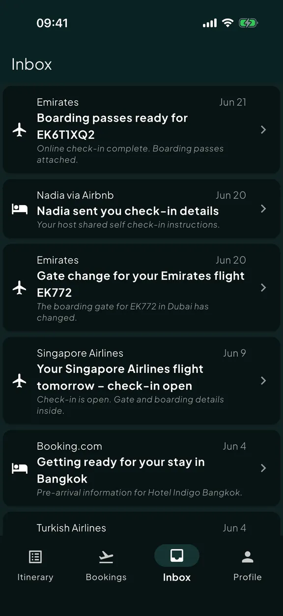 The Skaoot inbox showing forwarded travel confirmation emails.