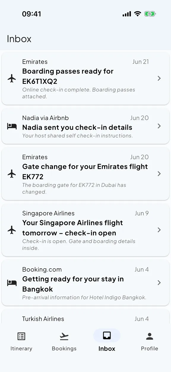 The Skaoot inbox showing forwarded travel confirmation emails.