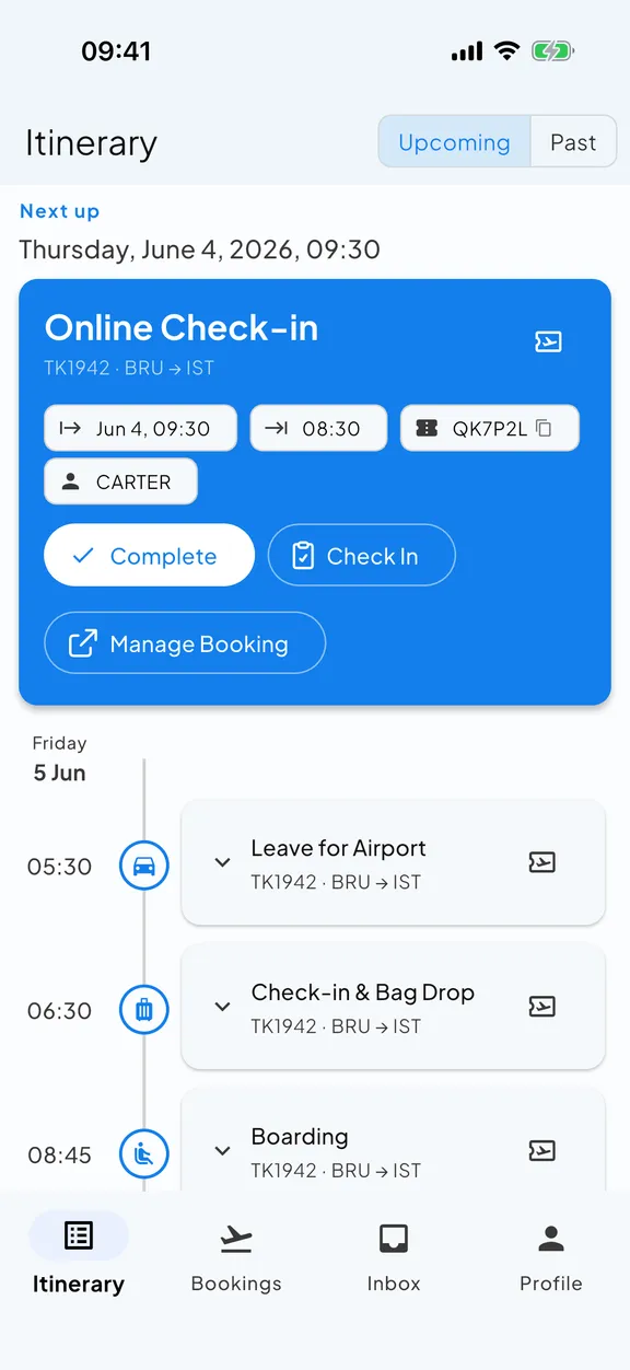 The Skaoot itinerary screen, a timeline with the next event highlighted.