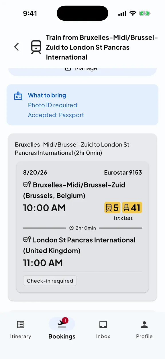 A Eurostar train booking in Skaoot with coach, seat, class, stations, and check-in requirements.