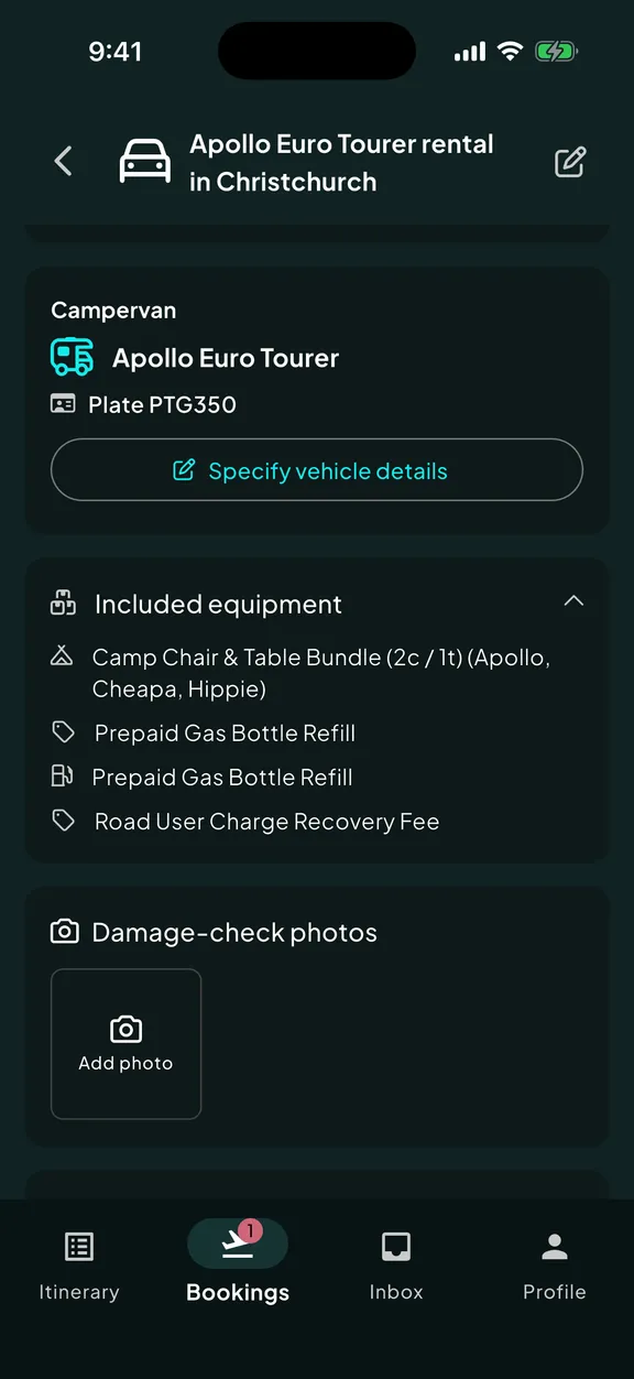 A campervan rental in Skaoot with the vehicle, plate, included equipment, and damage-check photos.