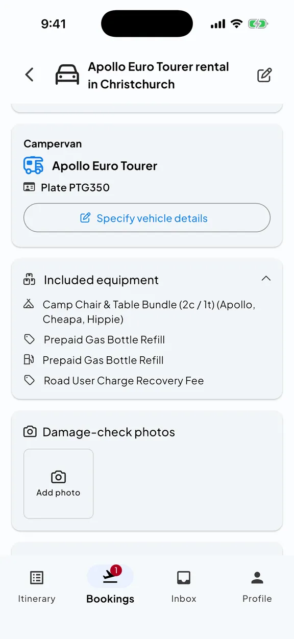 A campervan rental in Skaoot with the vehicle, plate, included equipment, and damage-check photos.